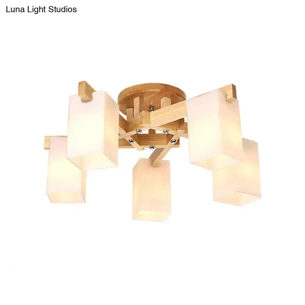 Nordic wood and cuboid cream glass ceiling lamp living room light