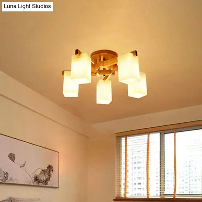 Nordic wood and cuboid cream glass ceiling lamp living room light