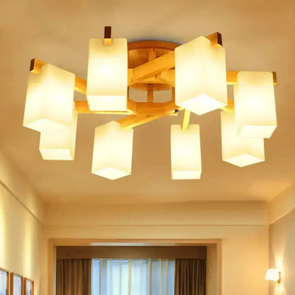 Nordic wood and cuboid cream glass ceiling lamp living room light