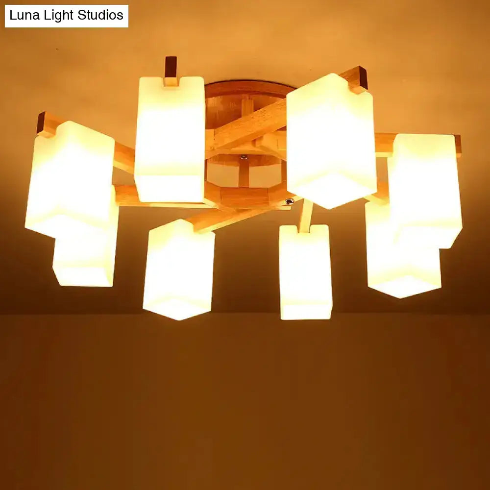 Nordic wood and cuboid cream glass ceiling lamp living room light