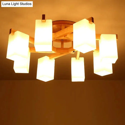 Nordic wood and cuboid cream glass ceiling lamp living room light
