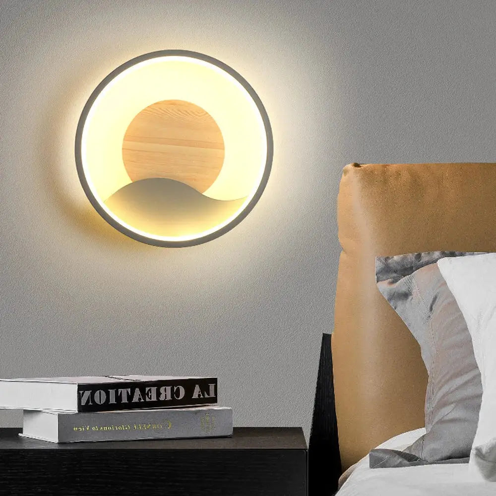 Nordic wood and led wall light – bedroom concentric ring decor