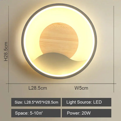 Nordic wood and led wall light – bedroom concentric ring decor