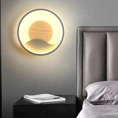 Nordic wood and led wall light – bedroom concentric ring decor
