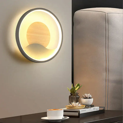 Nordic wood and led wall light – bedroom concentric ring decor