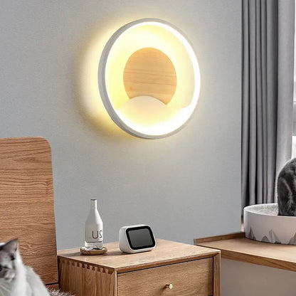Nordic wood and led wall light – bedroom concentric ring decor