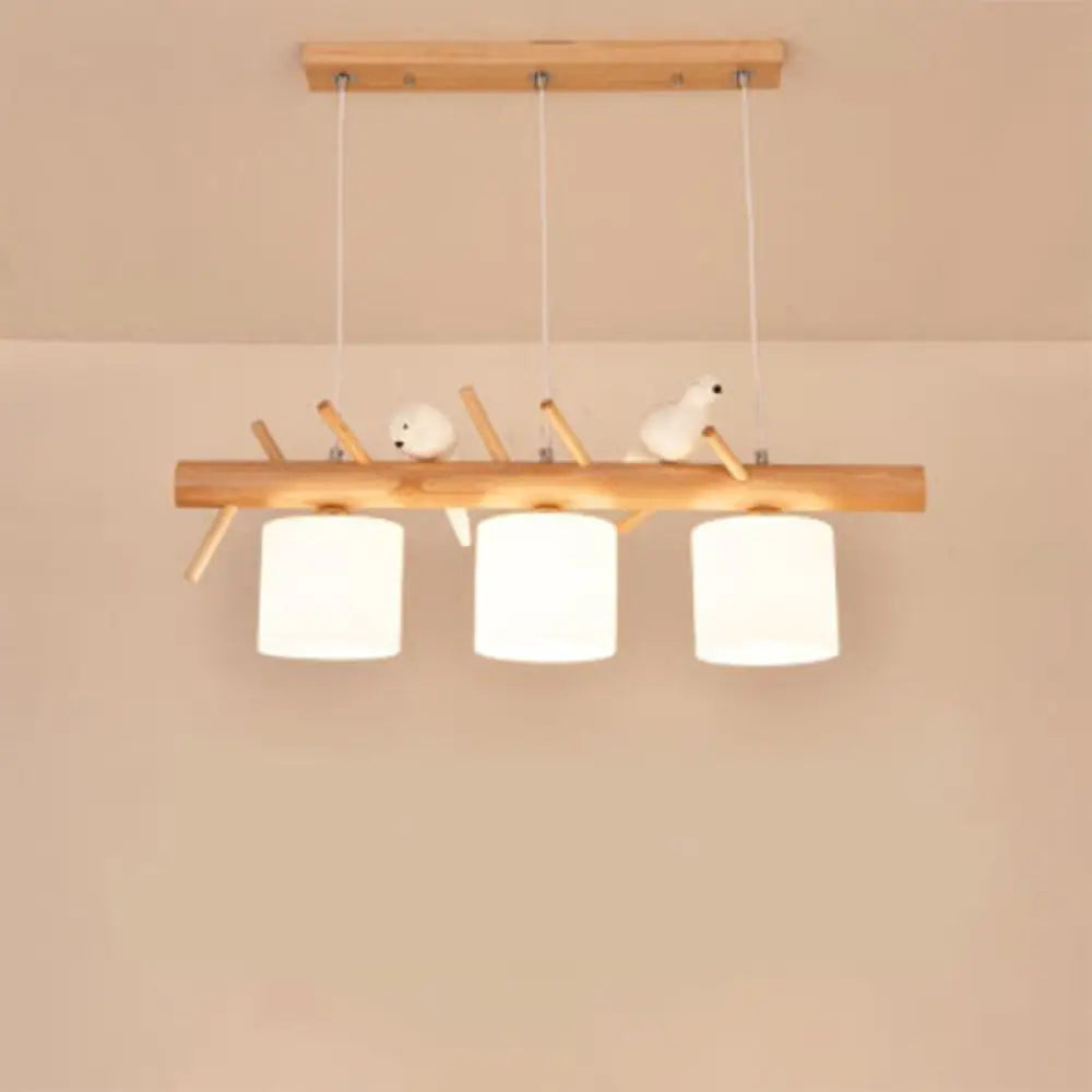 DecorBites™ Nordic Wood Pendant Light with Opal Glass Cylinder and Resin Bird Decor