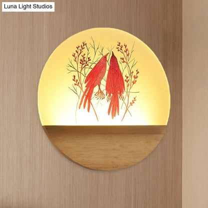 DecorBites™ Nordic Wood Sconce with LED Mural Light, Deer/Bird Patterned Acrylic Shade - Ideal for Bedroom Wall Mount