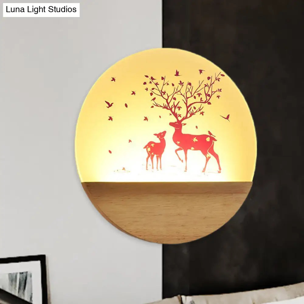 DecorBites™ Nordic Wood Sconce with LED Mural Light, Deer/Bird Patterned Acrylic Shade - Ideal for Bedroom Wall Mount