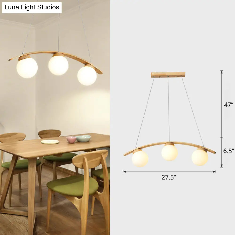 DecorBites™ Nordic Wooden 3-Head Pendant Light with White Glass Shades - Arc Island Ceiling Lamp for Dining Room