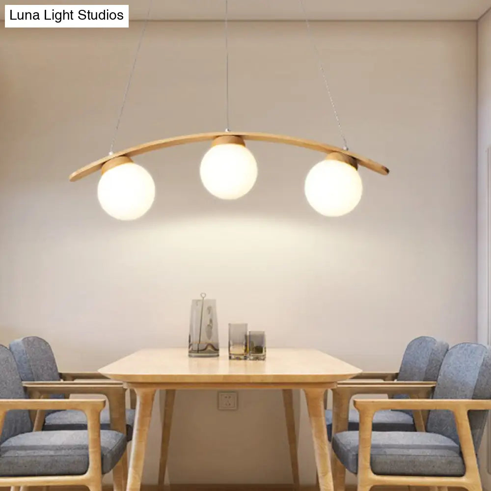 DecorBites™ Nordic Wooden 3-Head Pendant Light with White Glass Shades - Arc Island Ceiling Lamp for Dining Room