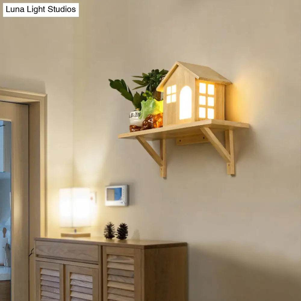 DecorBites™ Nordic Wooden LED Wall Sconce with Storage Shelf - Beige Lodge Wall Lamp - Warm/White Light
