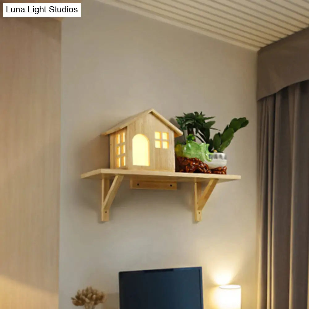 DecorBites™ Nordic Wooden LED Wall Sconce with Storage Shelf - Beige Lodge Wall Lamp - Warm/White Light