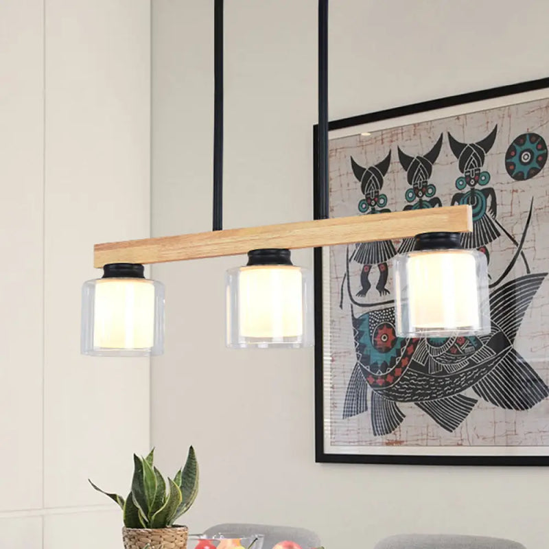 DecorBites™ Nordic Wooden Linear Pendant with Double Glass Cylinder Shades for Restaurant Island Lighting (3/4-Head, White)