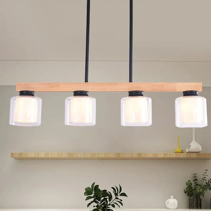 Nordic wooden linear pendant with glass shades for dining room