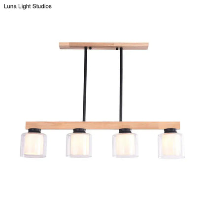 Nordic wooden linear pendant with glass shades for dining room
