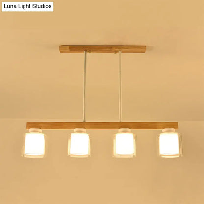 Nordic wooden linear pendant with glass shades for dining room