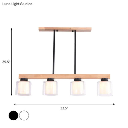 Nordic wooden linear pendant with glass shades for dining room