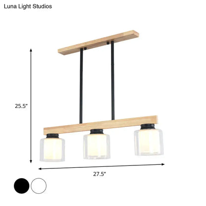 Nordic wooden linear pendant with glass shades for dining room
