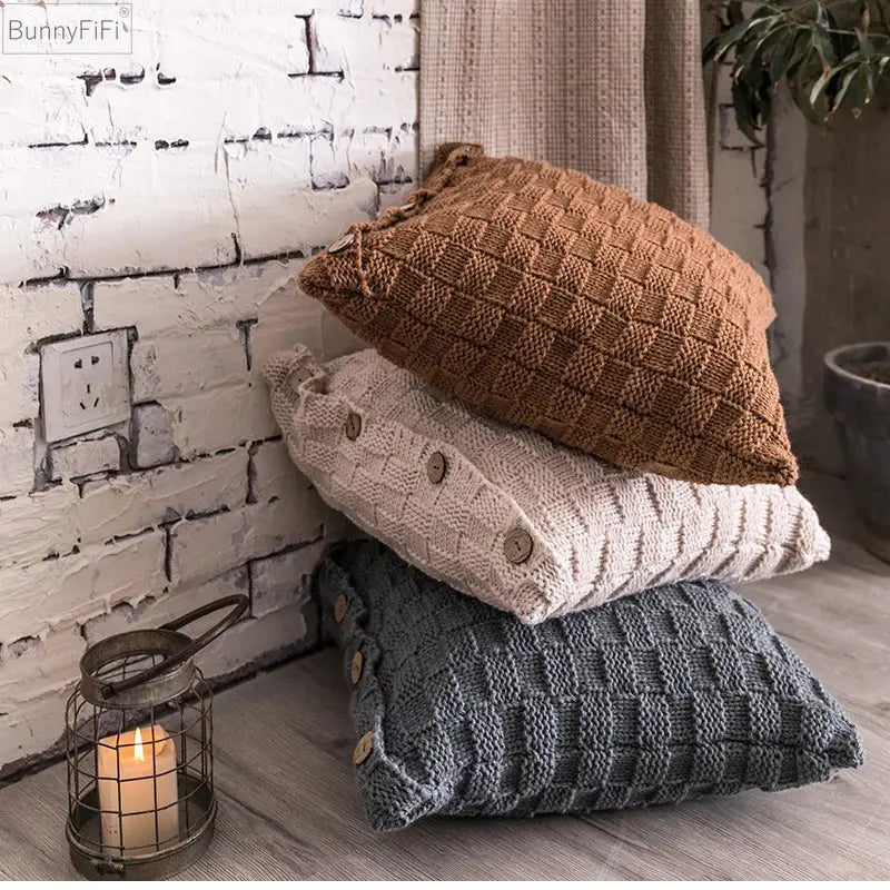 Nordic woven knit pillow cover living room button closure