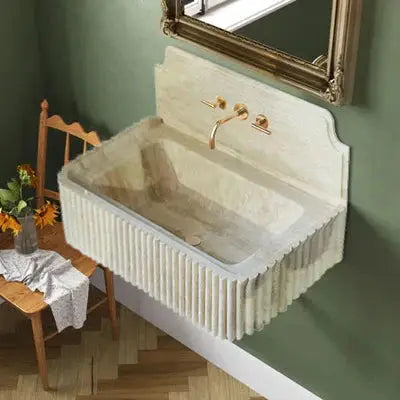 Beige Fluted Travertine Wall-Mount Vanity Sink 16x36 Inch Stone