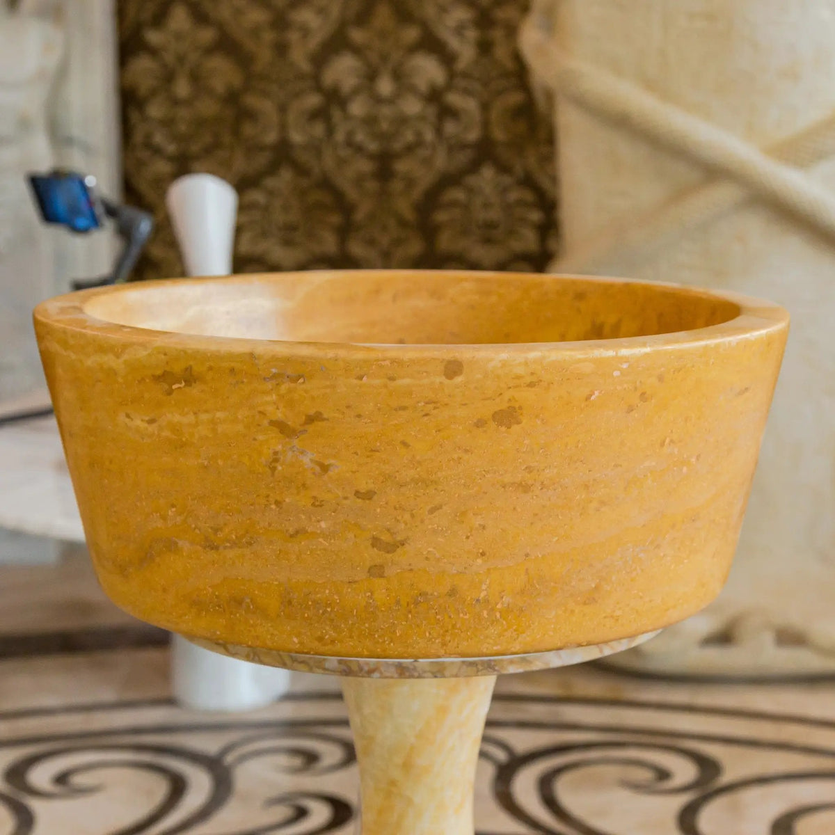Oasis Gold Travertine Natural Stone Round Vessel Sink 16 Inch Bathroom