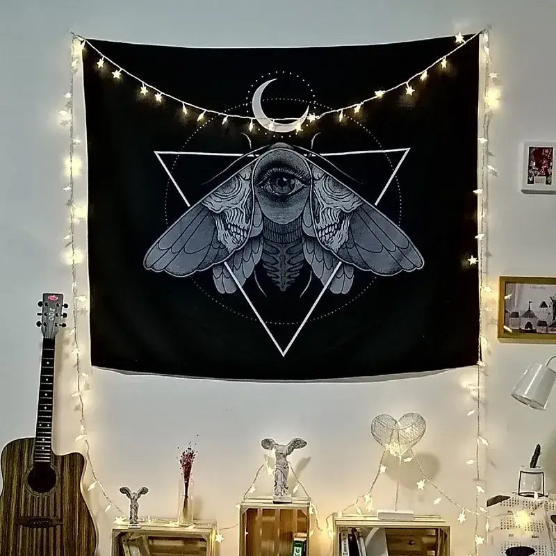 Occult black cat coven tapestry bedroom wall art illustration