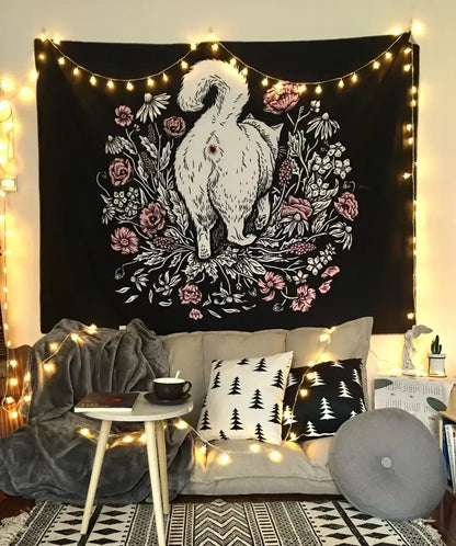 Occult black cat coven tapestry bedroom wall art illustration