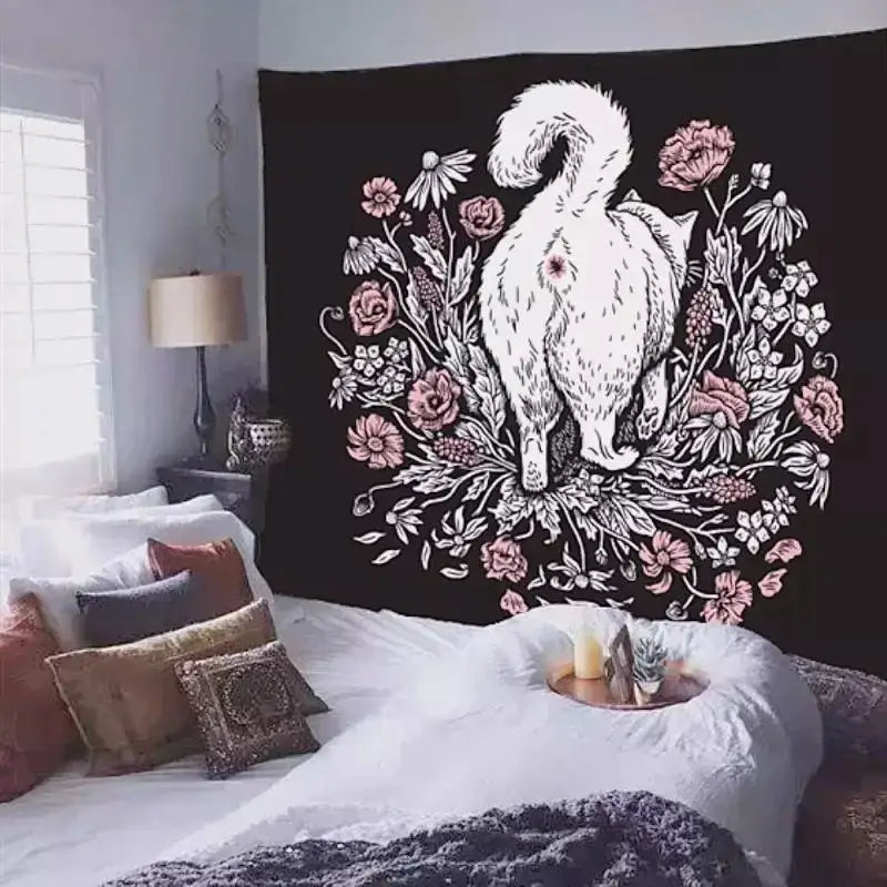 Occult black cat coven tapestry bedroom wall art illustration