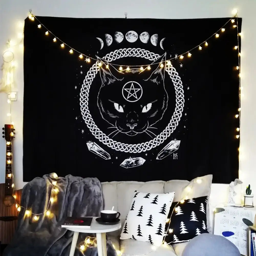 Occult black cat coven tapestry bedroom wall art illustration