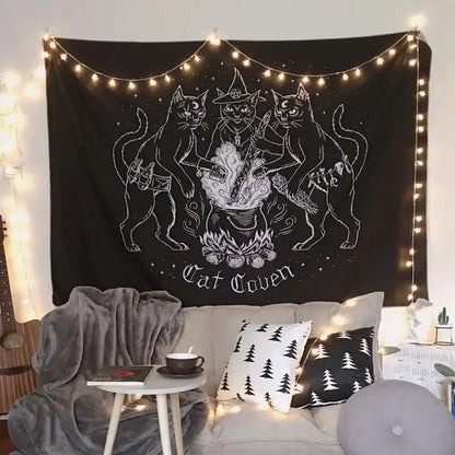 Occult black cat coven tapestry bedroom wall art illustration