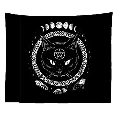 Occult black cat coven tapestry bedroom wall art illustration