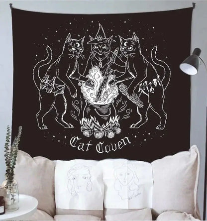 Occult black cat coven tapestry bedroom wall art illustration