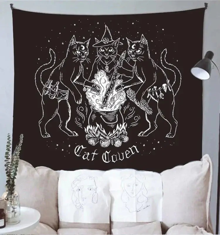 Occult black cat coven tapestry bedroom wall art illustration