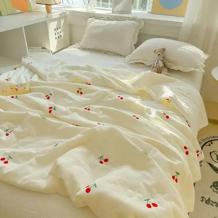 Off-white cherry embroidered double layer yarn summer quilt bedroom