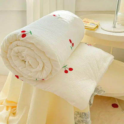 Off-white cherry embroidered double layer yarn summer quilt bedroom