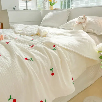 Off-white cherry embroidered double layer yarn summer quilt bedroom