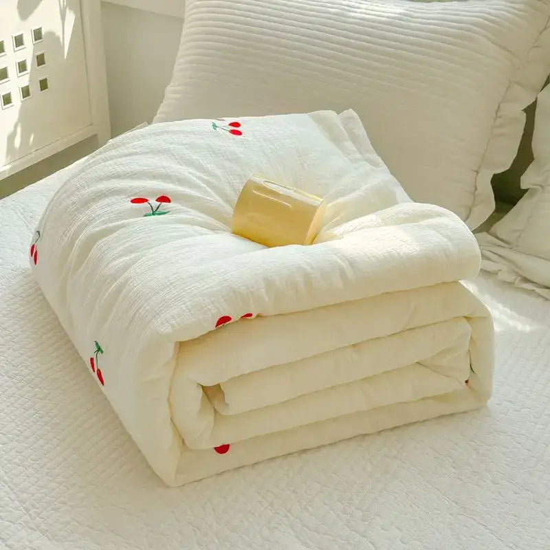Off-white cherry embroidered double layer yarn summer quilt bedroom