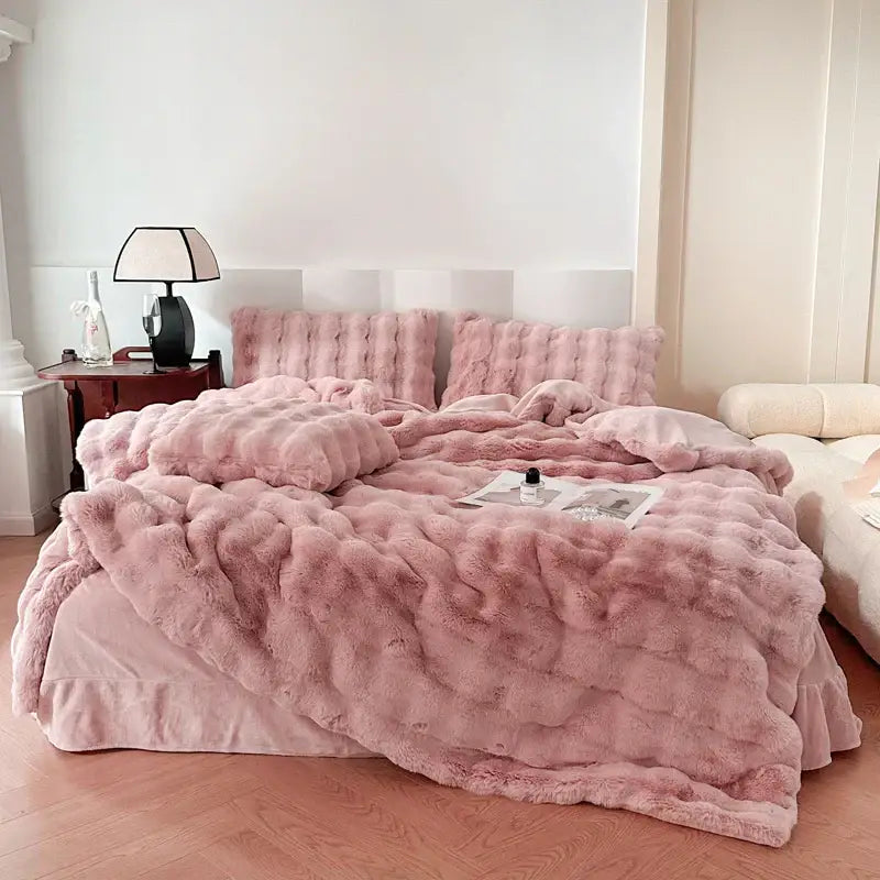 Off-white textured deluxe faux rabbit bedding set bedroom blanket