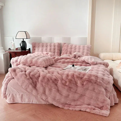 Off-white textured deluxe faux rabbit bedding set bedroom blanket