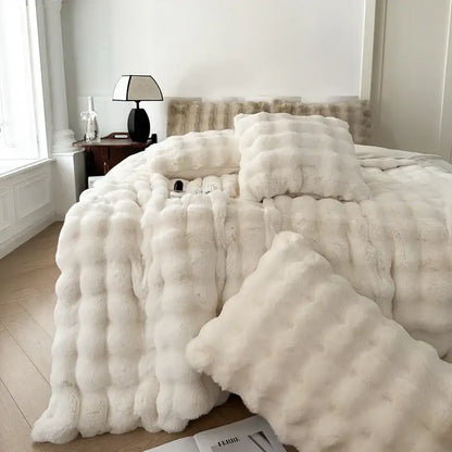 Off-white textured deluxe faux rabbit bedding set bedroom blanket