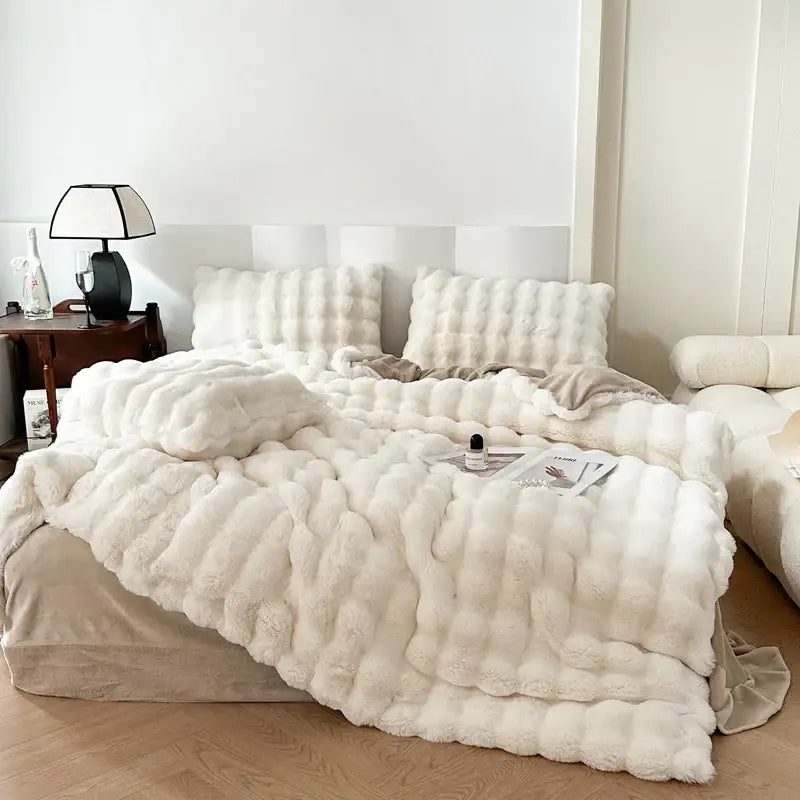 Off-white textured deluxe faux rabbit bedding set bedroom blanket