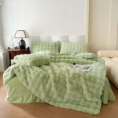 Off-white textured deluxe faux rabbit bedding set bedroom blanket