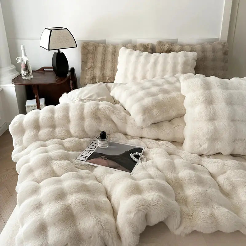 Off-white textured deluxe faux rabbit bedding set bedroom blanket