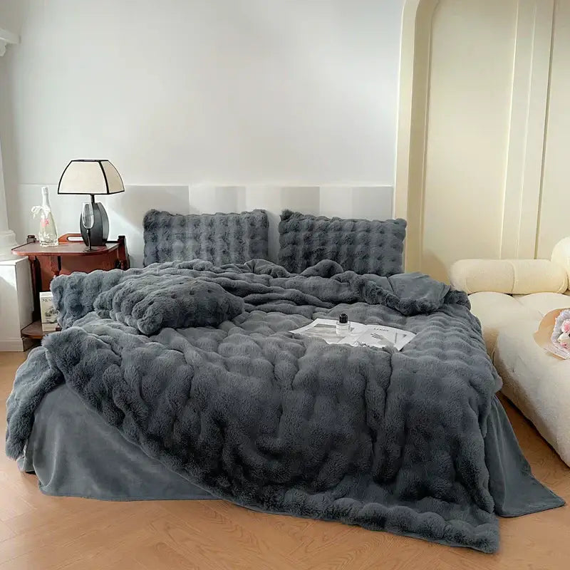 Off-white textured deluxe faux rabbit bedding set bedroom blanket