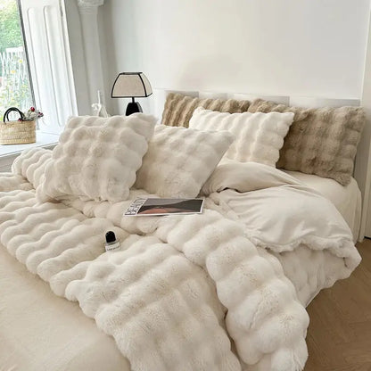 Off-white textured deluxe faux rabbit bedding set bedroom blanket