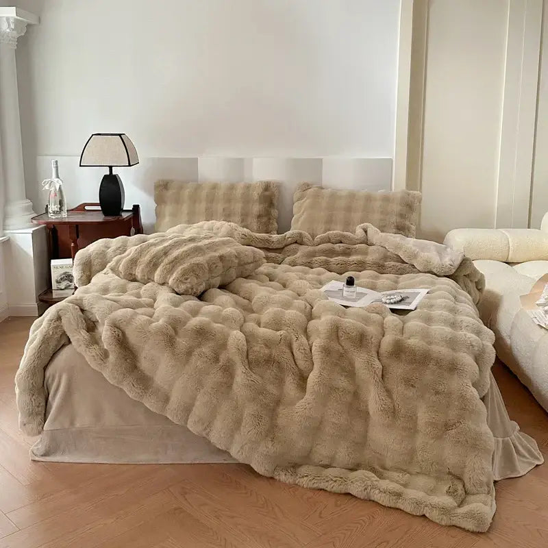 Off-white textured deluxe faux rabbit bedding set bedroom blanket