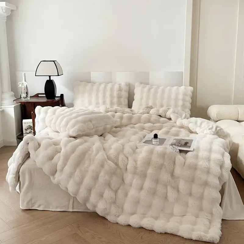Off-white textured deluxe faux rabbit bedding set bedroom blanket