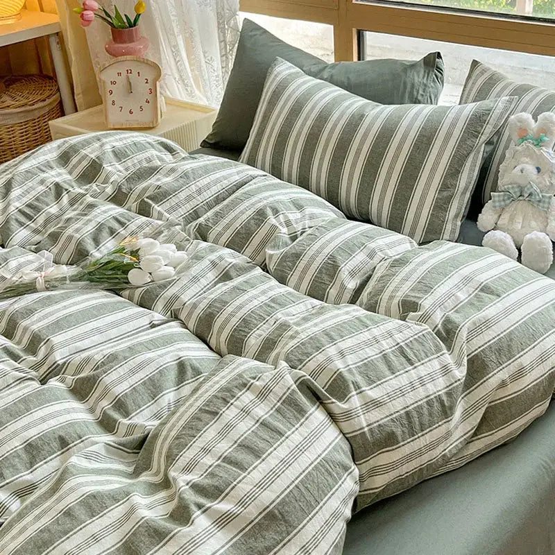 Olive & cream cotton striped bedding set bedroom duvet cover