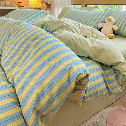 Olive & cream cotton striped bedding set bedroom duvet cover